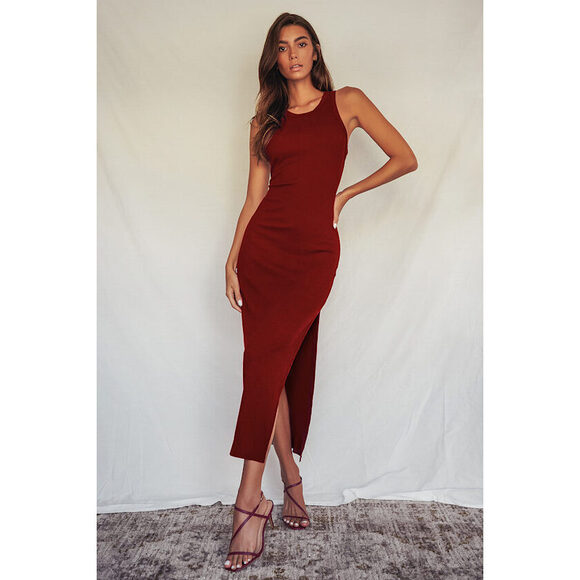 Lulus Dresses & Skirts - Lulus Simply Wonderful Burgundy Ribbed Bodycon Midi Dress Red - Size M - NWOT